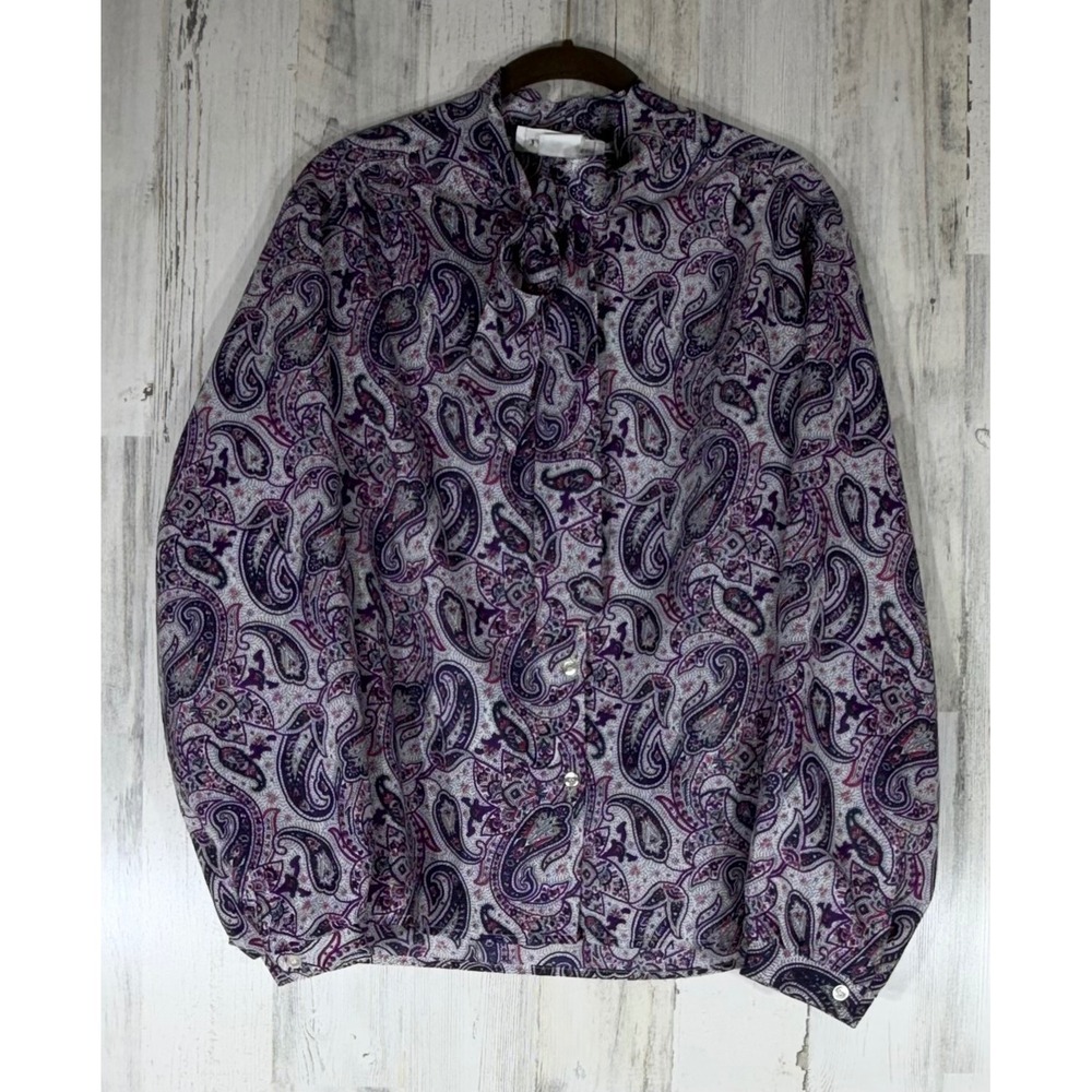Lady Arrow Blouse Large Purple Paisley 80s Secretary Tie‎ Neck Dark Academia USA